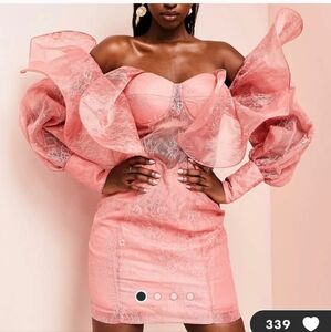 Asos Luxe Elegant Pink Off-Shoulder Lace Balloon Sleeve  Dress